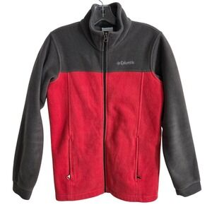 Columbia Women's Large Fleece Jacket Gray Red Full Zip Outdoor Hiking Coat
